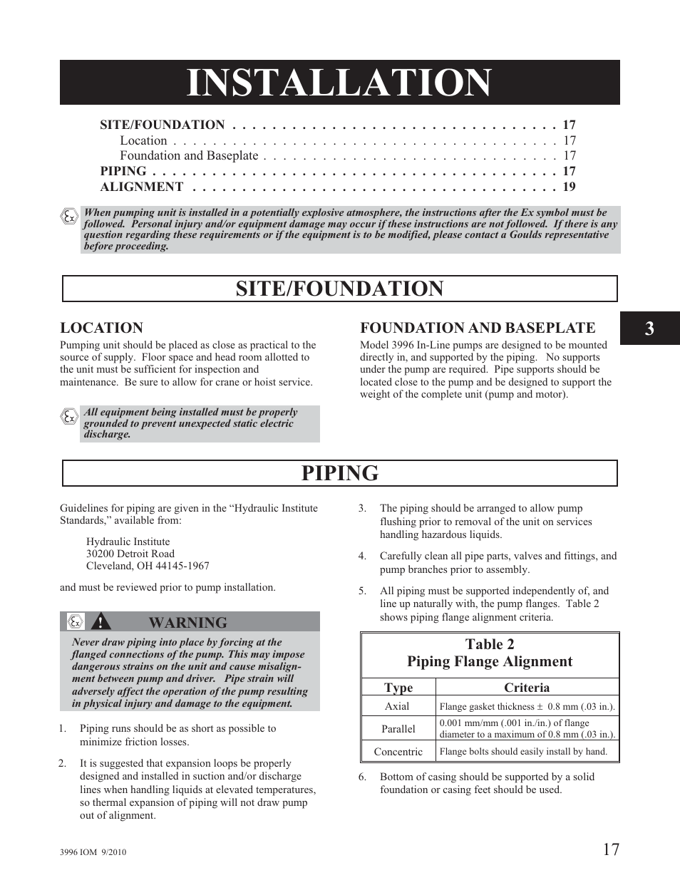 Installation, Site/foundation, Piping | Goulds Pumps 3996 - IOM User Manual | Page 21 / 52