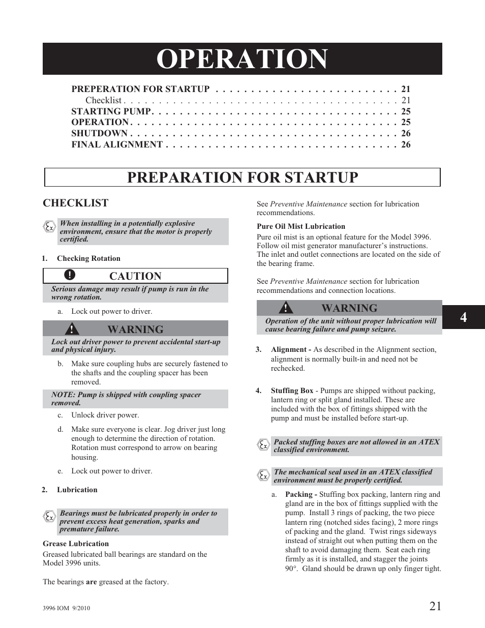 Operation, Preparation for startup | Goulds Pumps 3996 - IOM User Manual | Page 25 / 52