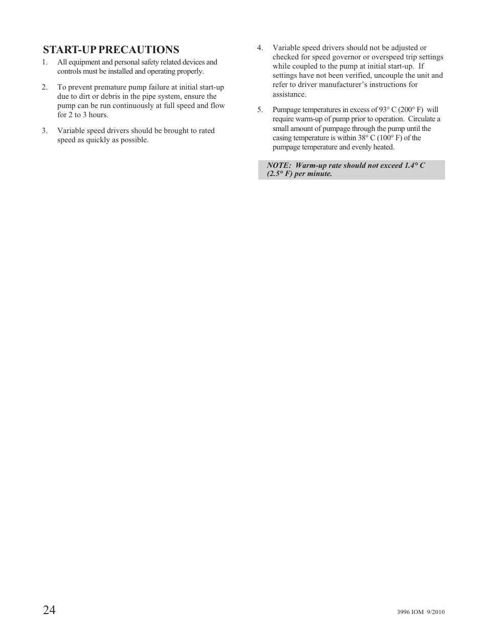 Start-up precautions | Goulds Pumps 3996 - IOM User Manual | Page 28 / 52