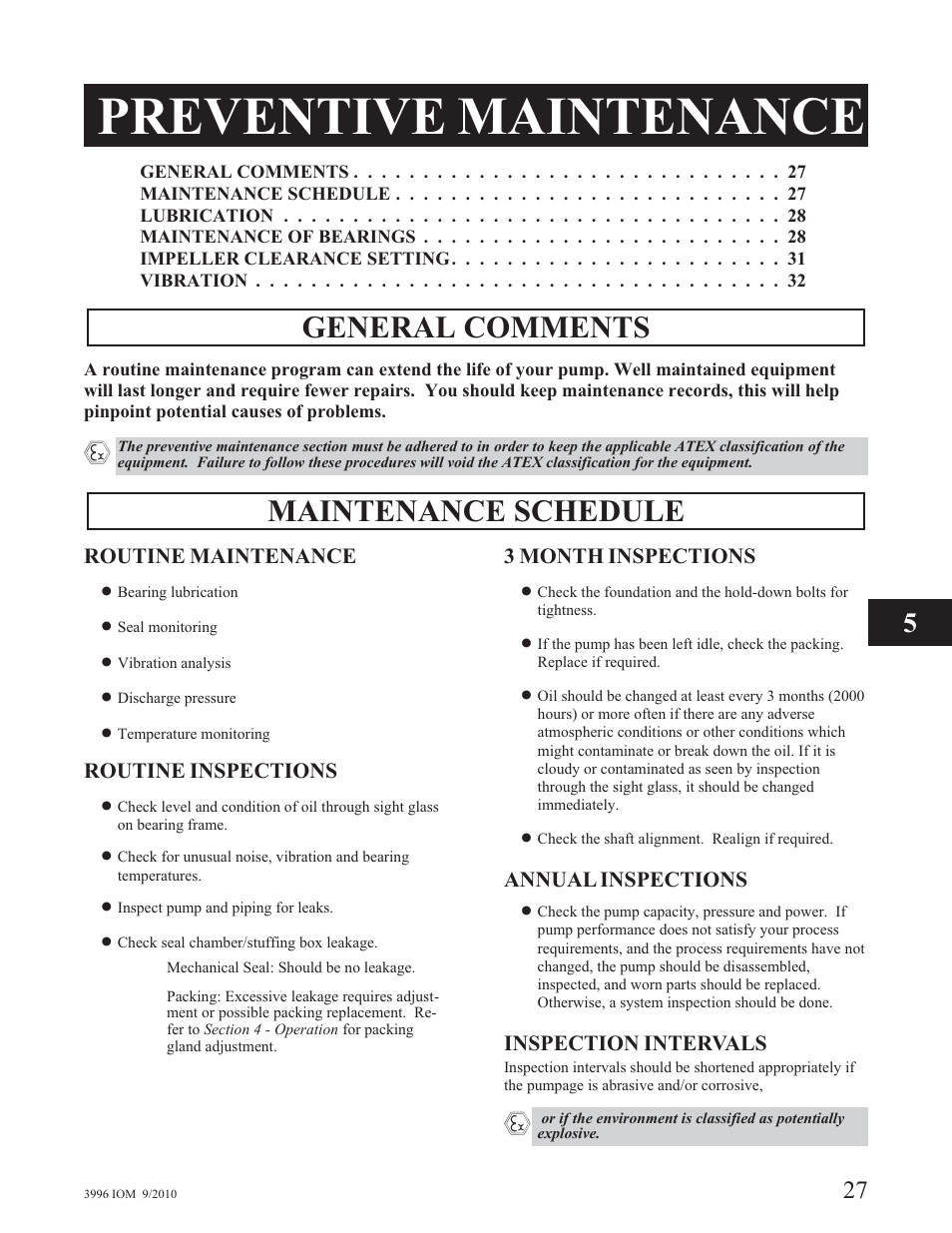 Preventive maintenance, General comments, Maintenance schedule | Goulds Pumps 3996 - IOM User Manual | Page 31 / 52
