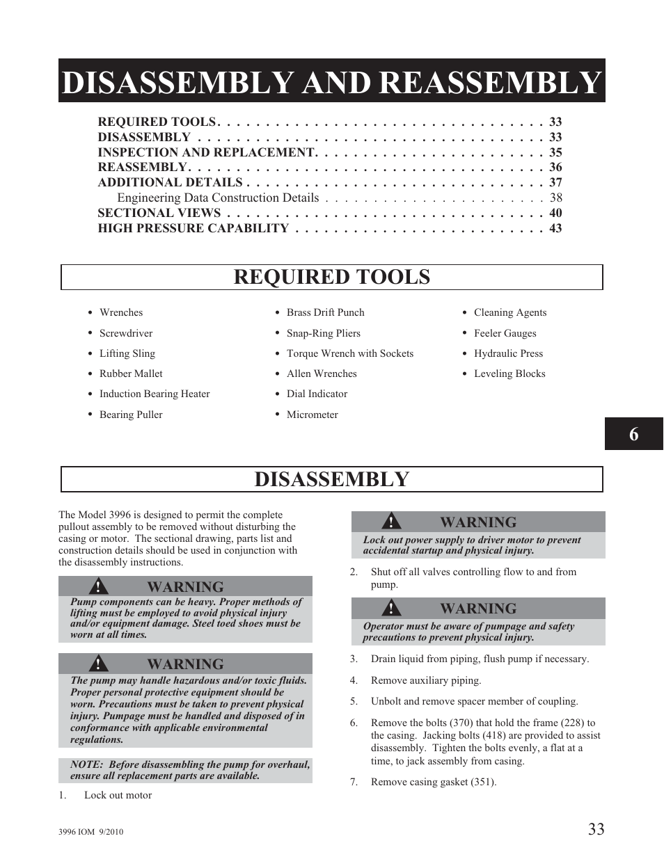 Disassembly and reassembly, Required tools disassembly | Goulds Pumps 3996 - IOM User Manual | Page 37 / 52