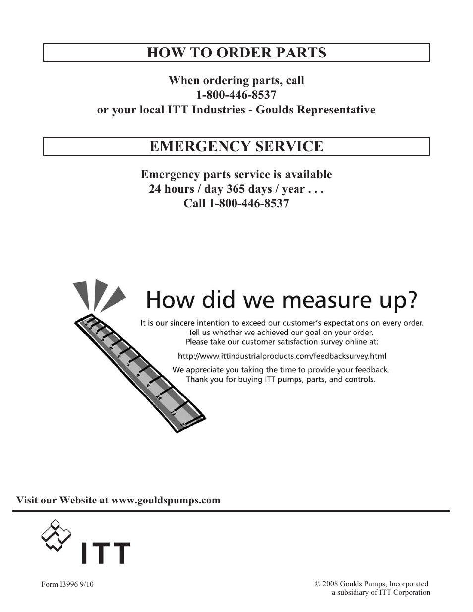 How to order parts, Emergency service | Goulds Pumps 3996 - IOM User Manual | Page 52 / 52
