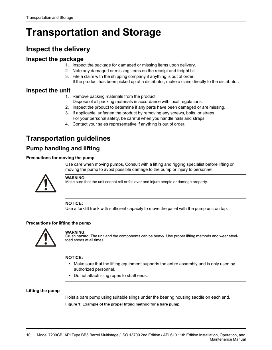 Transportation and storage, Inspect the delivery, Inspect the package | Inspect the unit, Transportation guidelines, Pump handling and lifting, Inspect the package inspect the unit | Goulds Pumps 7200CB - IOM User Manual | Page 12 / 132
