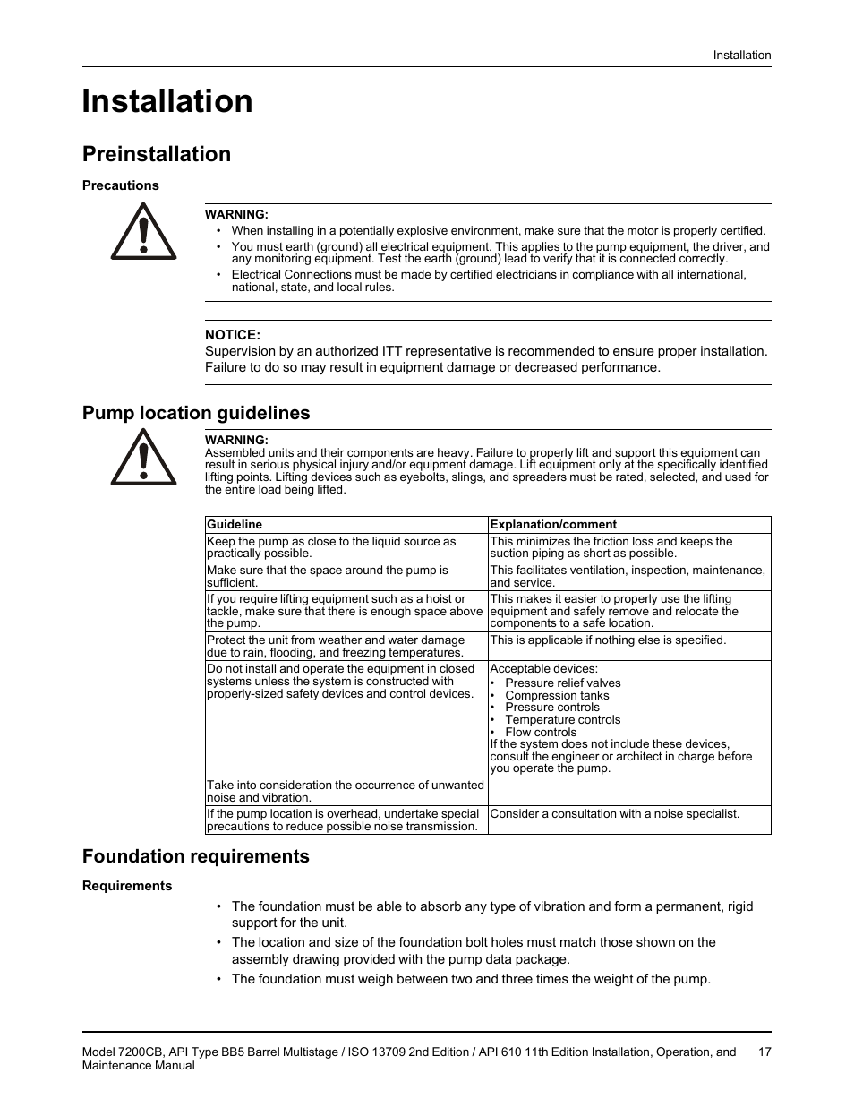 Installation, Preinstallation, Pump location guidelines | Foundation requirements, Pump location guidelines foundation requirements | Goulds Pumps 7200CB - IOM User Manual | Page 19 / 132