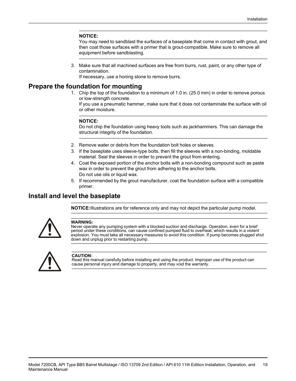 Prepare the foundation for mounting, Install and level the baseplate | Goulds Pumps 7200CB - IOM User Manual | Page 21 / 132