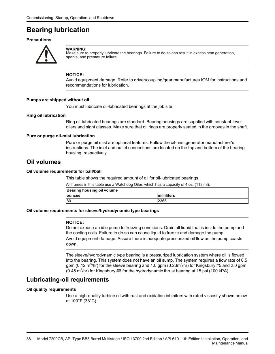 Bearing lubrication, Oil volumes, Lubricating-oil requirements | Oil volumes lubricating-oil requirements | Goulds Pumps 7200CB - IOM User Manual | Page 40 / 132