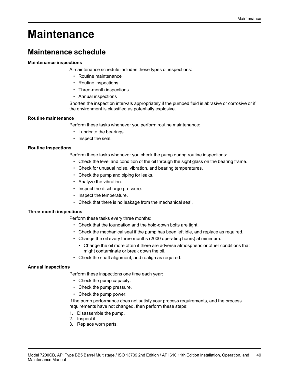 Maintenance, Maintenance schedule | Goulds Pumps 7200CB - IOM User Manual | Page 51 / 132