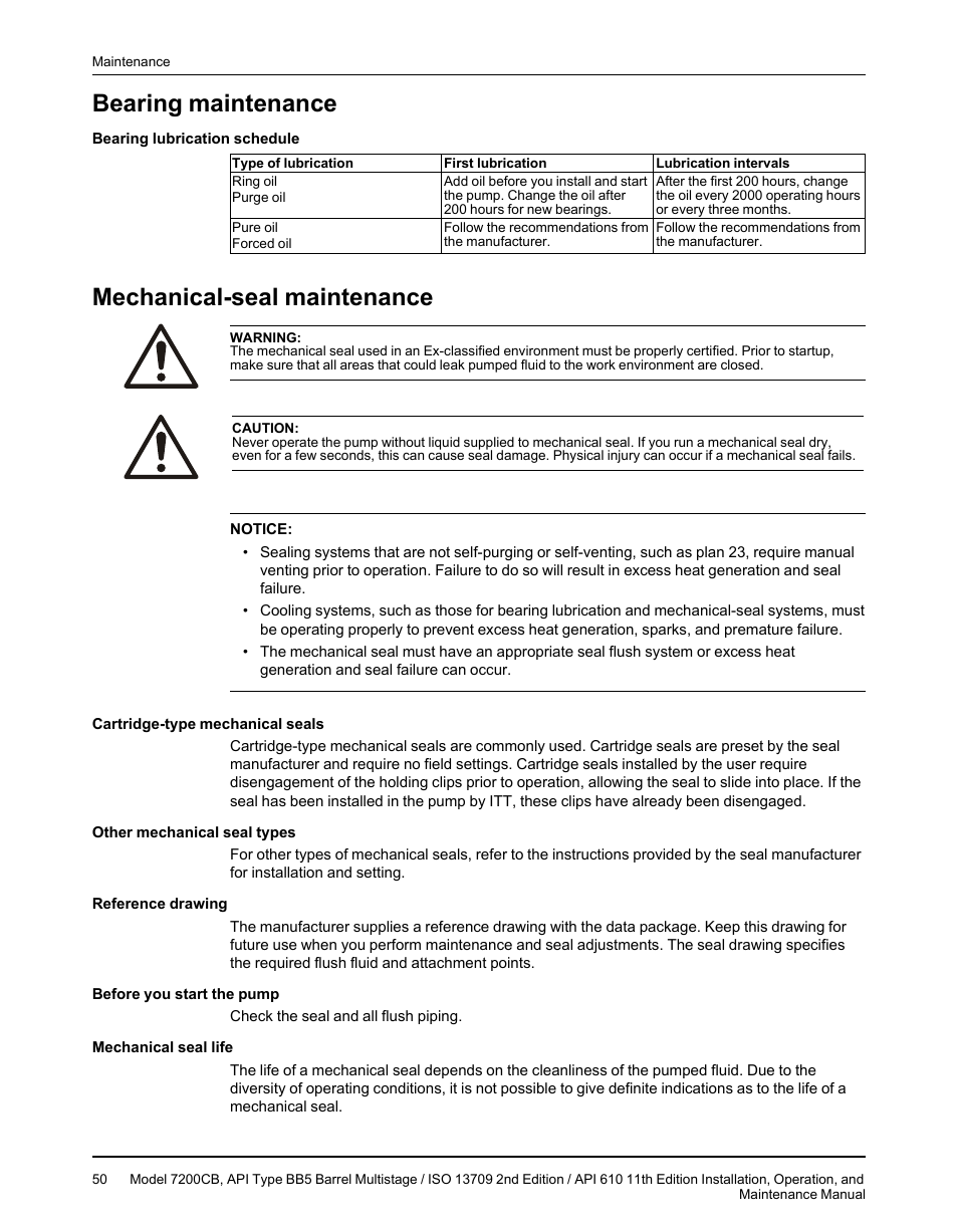 Bearing maintenance, Mechanical-seal maintenance, Bearing maintenance mechanical-seal maintenance | Goulds Pumps 7200CB - IOM User Manual | Page 52 / 132