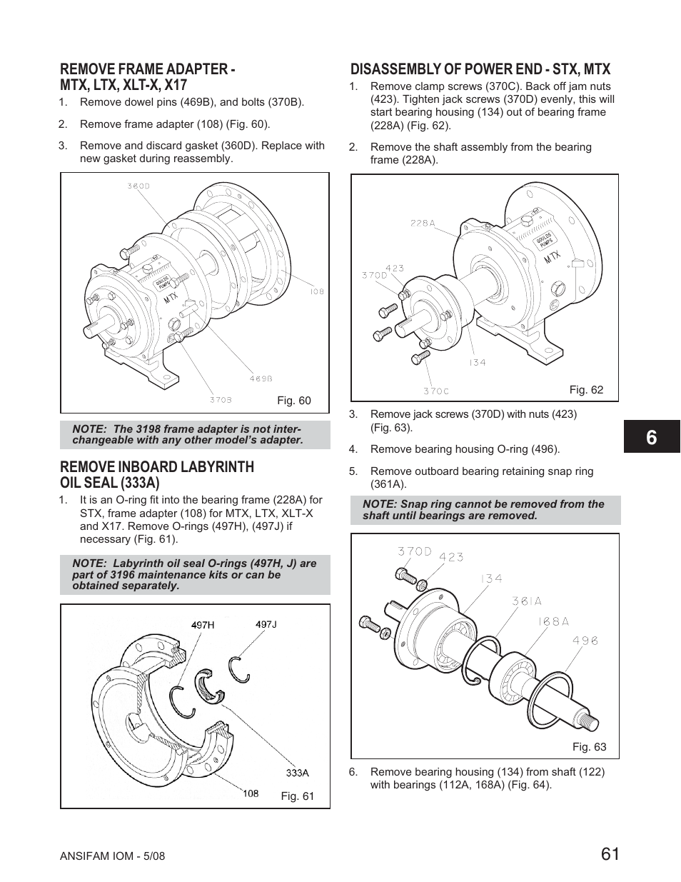 Remove frame adapter - mtx, ltx, xlt-x, x17, Remove inboard labyrinth oil seal (333a), Disassembly of power end - stx, mtx | Goulds Pumps ANSI FAMILY IOM (ATEX Compliant) User Manual | Page 15 / 27