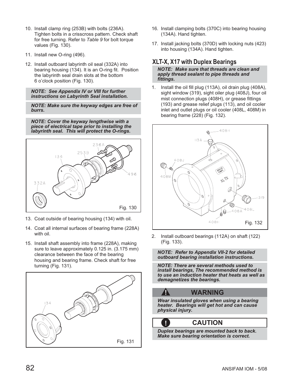 Xlt-x, x17 with duplex bearings, Warning, Caution | Goulds Pumps ANSI FAMILY IOM (ATEX Compliant) User Manual | Page 17 / 45