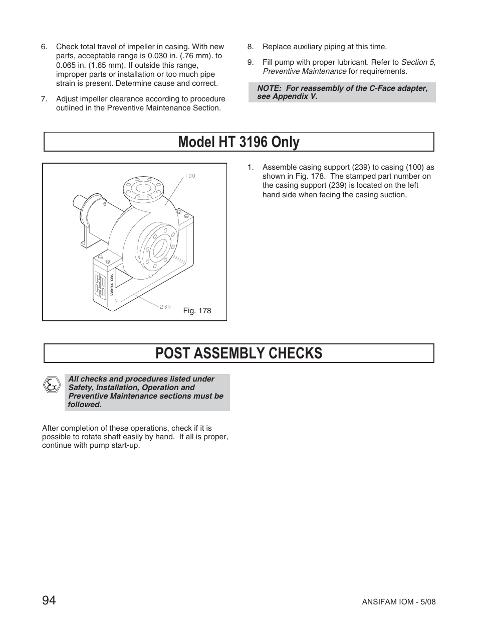 Model ht 3196 only, Post assembly checks | Goulds Pumps ANSI FAMILY IOM (ATEX Compliant) User Manual | Page 29 / 45