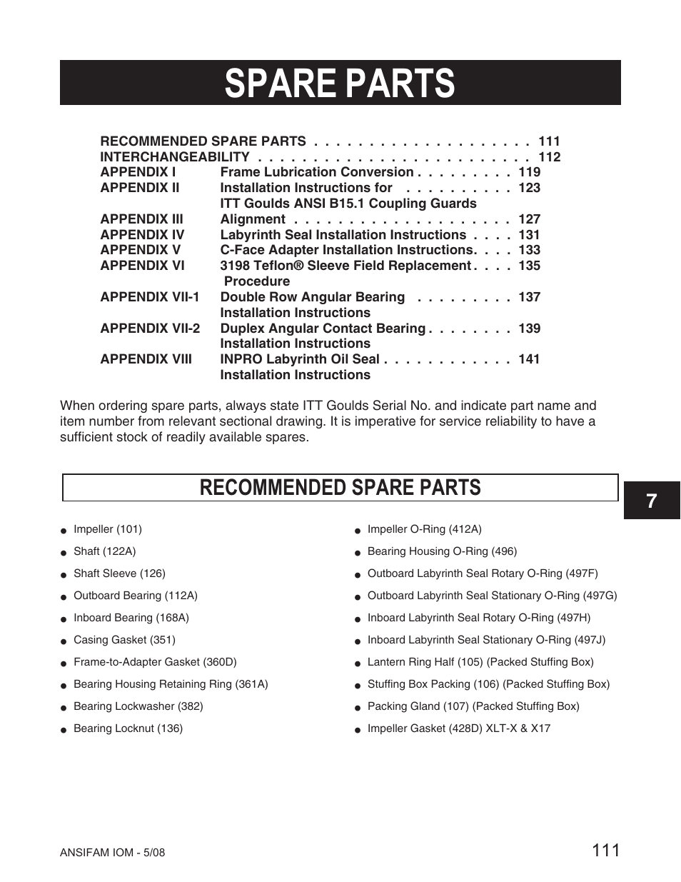 Spare parts, Recommended spare parts | Goulds Pumps ANSI FAMILY IOM (ATEX Compliant) User Manual | Page 9 / 42