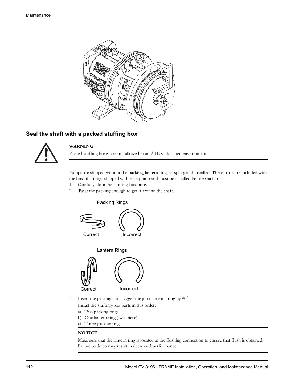 Seal the shaft with a packed stuffing box | Goulds Pumps CV 3196 i-FRAME - IOM User Manual | Page 114 / 152