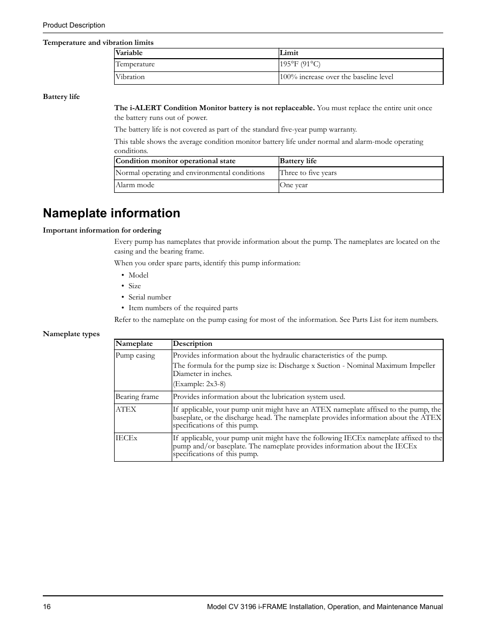 Nameplate information | Goulds Pumps CV 3196 i-FRAME - IOM User Manual | Page 18 / 152