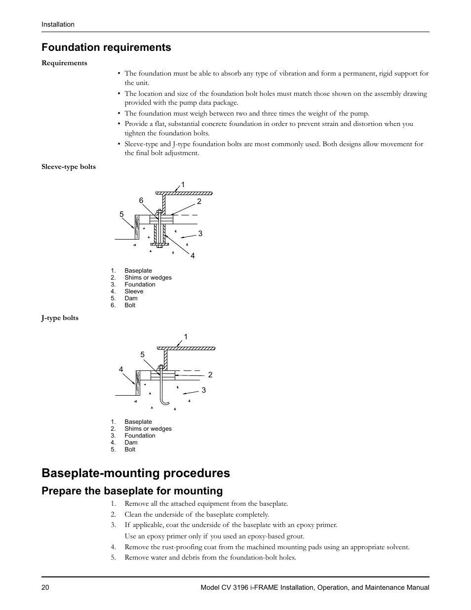 Foundation requirements, Baseplate-mounting procedures, Prepare the baseplate for mounting | Oundation requirements, Pare the baseplate for mounting | Goulds Pumps CV 3196 i-FRAME - IOM User Manual | Page 22 / 152