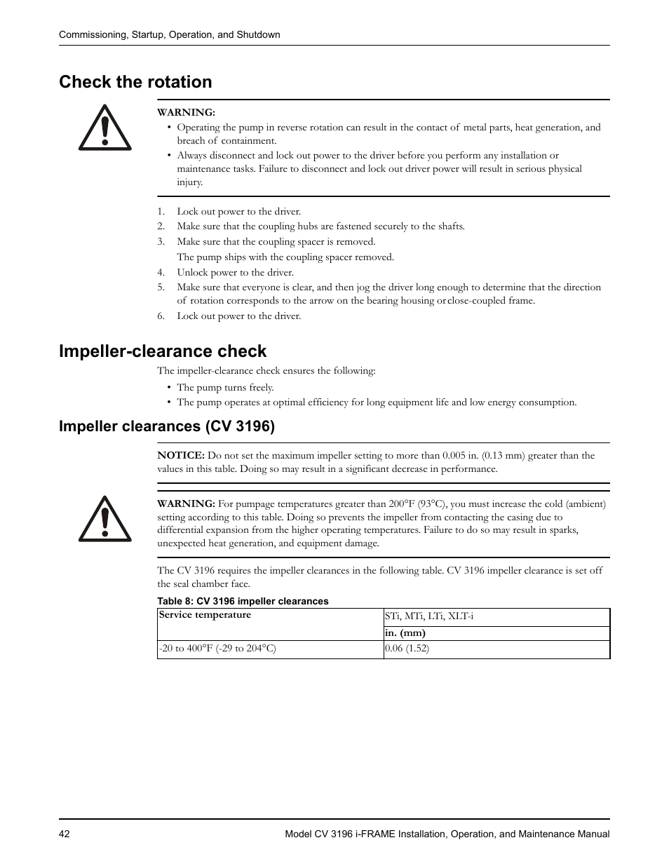 Check the rotation, Impeller-clearance check, Impeller clearances (cv 3196) | Check the rotation impeller-clearance check | Goulds Pumps CV 3196 i-FRAME - IOM User Manual | Page 44 / 152
