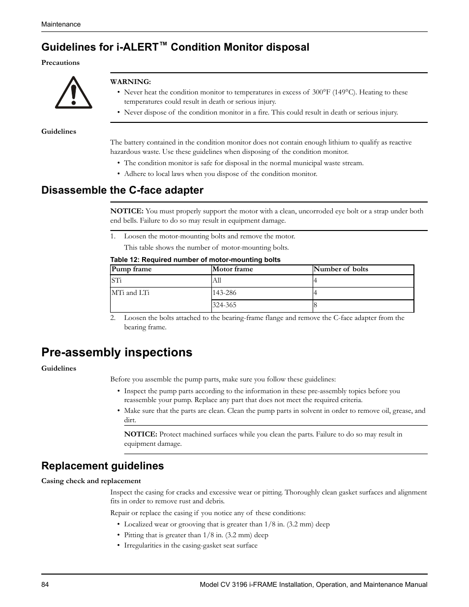 Guidelines for i-alert™ condition monitor disposal, Disassemble the c-face adapter, Pre-assembly inspections | Replacement guidelines, Guidelines for i-alert, Condition monitor disposal, Placement guidelines | Goulds Pumps CV 3196 i-FRAME - IOM User Manual | Page 86 / 152