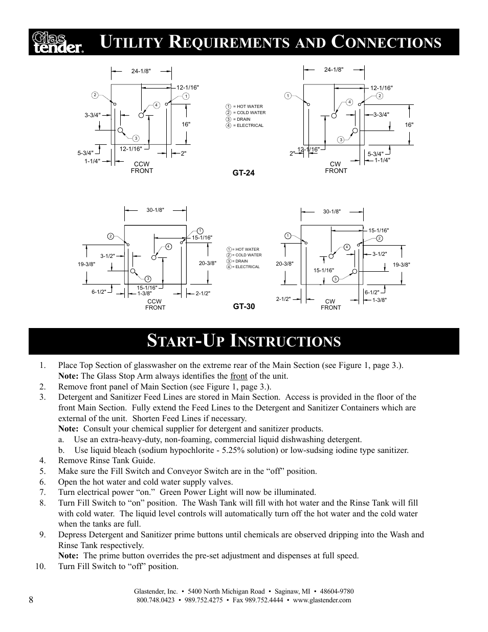Tart, Nstructions, Tility | Equirements, Onnections | Glastender GT-30 User Manual | Page 10 / 24