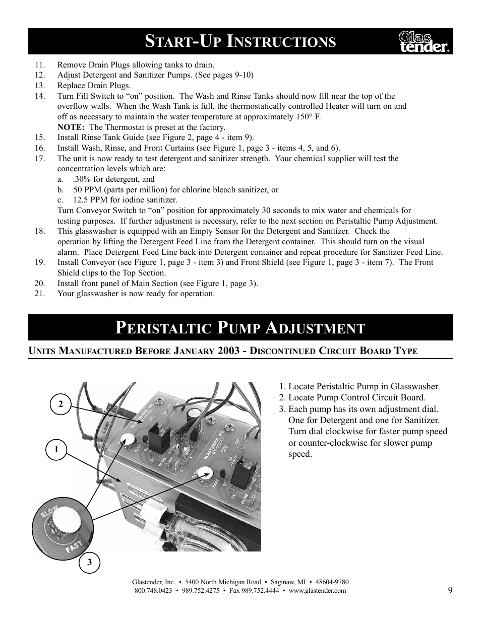 Tart, Nstructions, Eristaltic | Djustment | Glastender GT-30 User Manual | Page 11 / 24