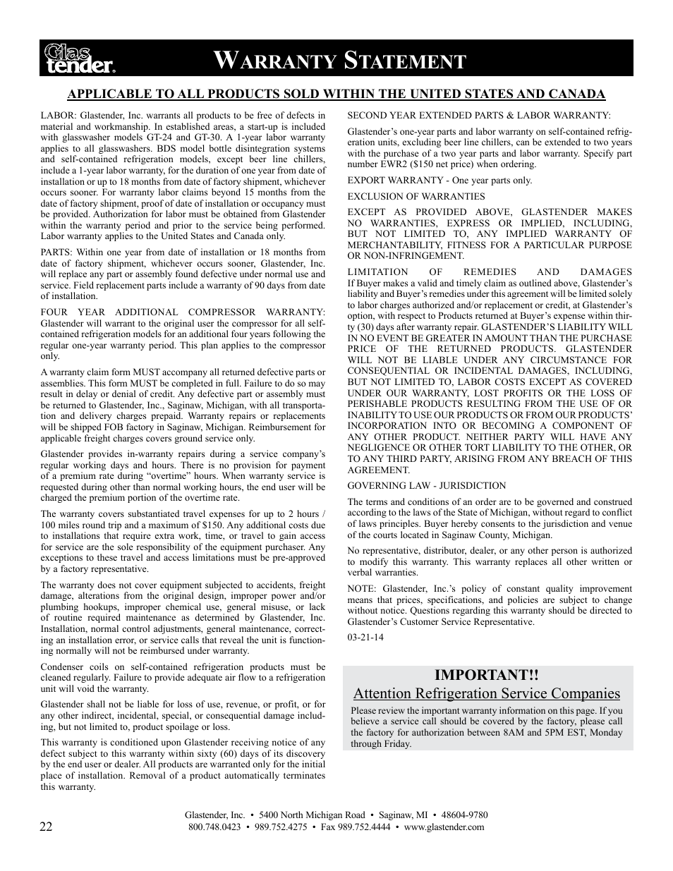 Arranty, Tatement | Glastender GT-30 User Manual | Page 24 / 24