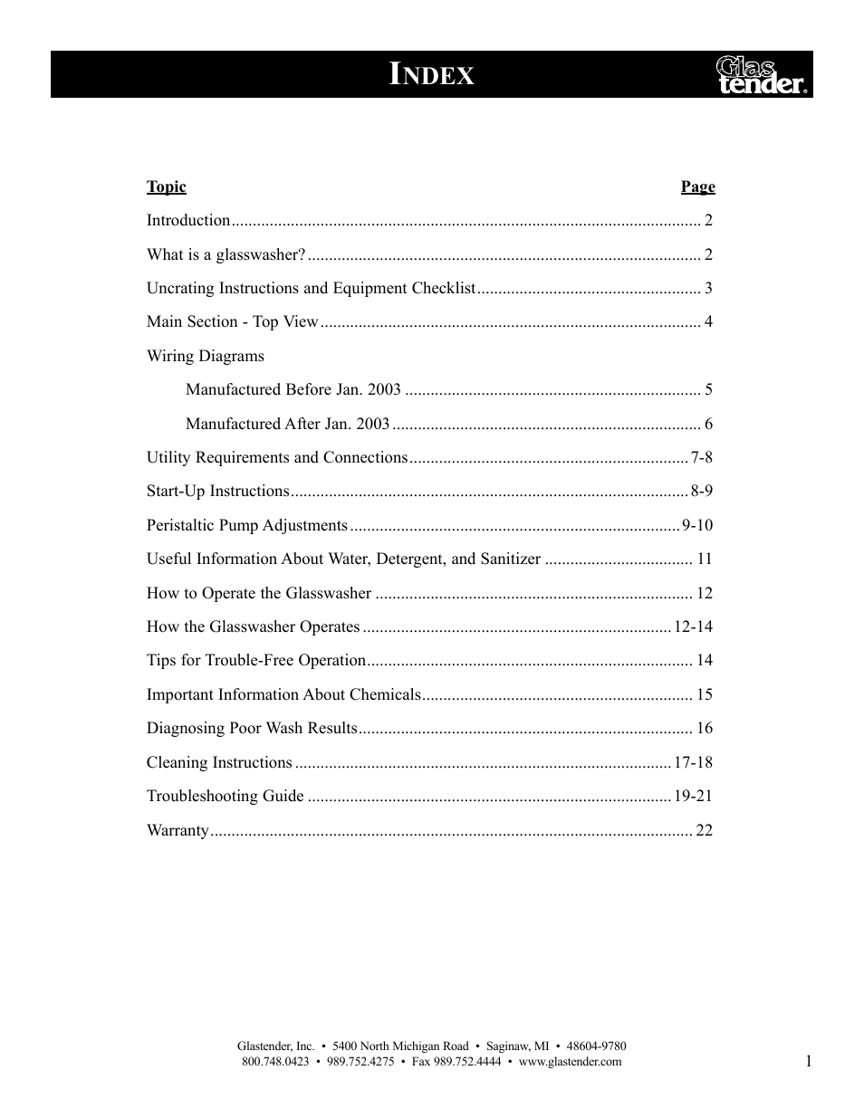 Ndex | Glastender GT-30 User Manual | Page 3 / 24