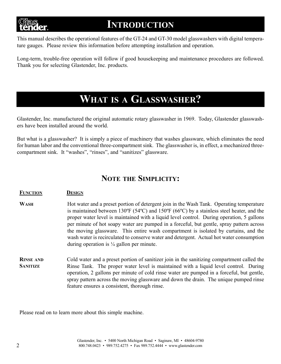 Ntroduction, Lasswasher | Glastender GT-30 User Manual | Page 4 / 24