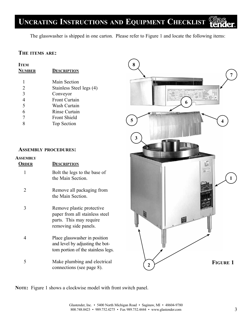 Ncrating, Nstructions, Quipment | Hecklist | Glastender GT-30 User Manual | Page 5 / 24