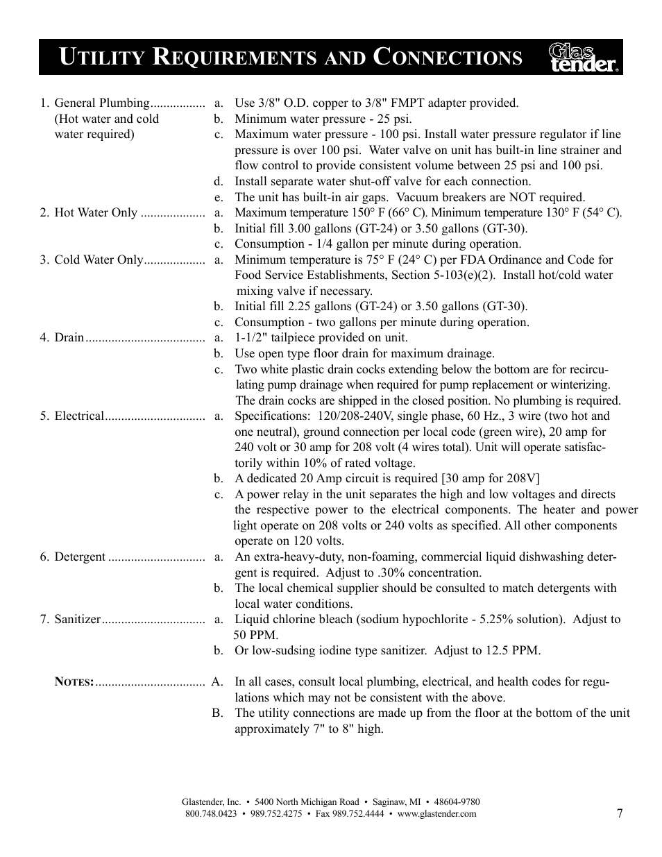 Tility, Equirements, Onnections | Glastender GT-30 User Manual | Page 9 / 24