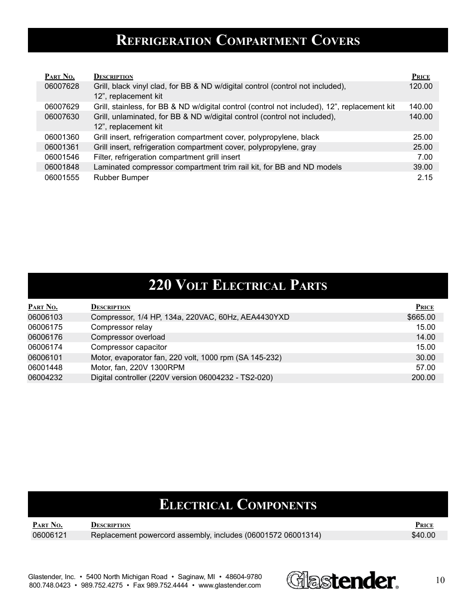 220 v, Efrigeration, Ompartment | Overs, Lectrical, Arts, Omponents | Glastender WR User Manual | Page 11 / 13