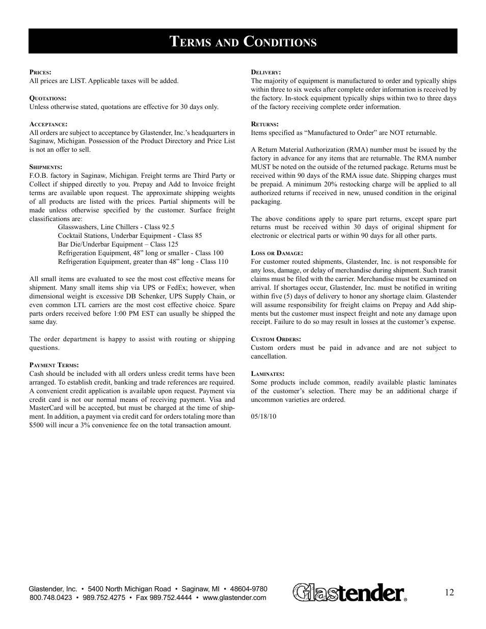 Erms, Onditions | Glastender WR User Manual | Page 13 / 13