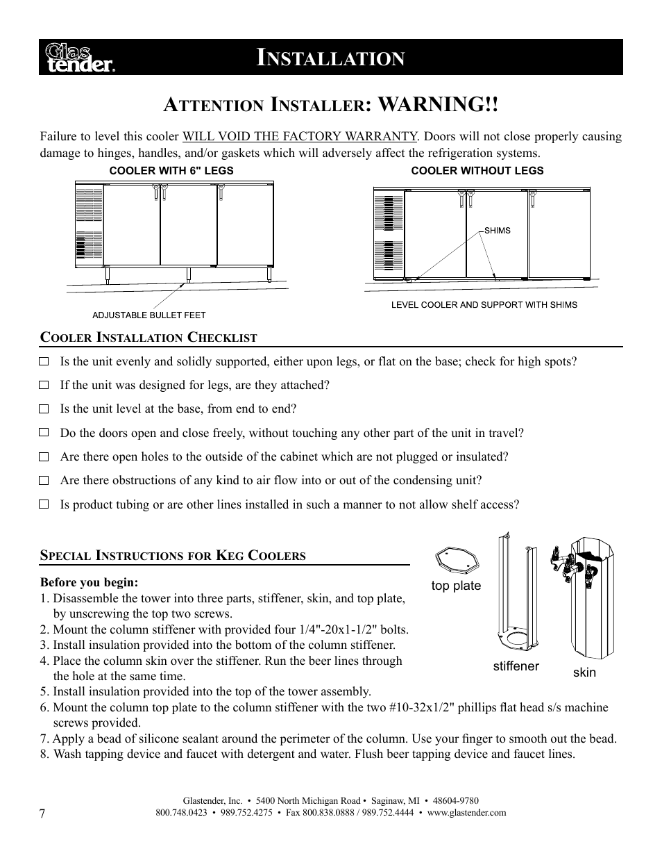 Warning, Nstallation | Glastender Vertical Door Coolers User Manual | Page 8 / 36