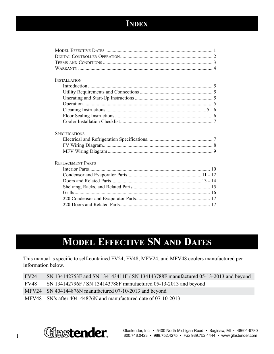 Odel, Ffective, Ates | Ndex | Glastender MFV48 User Manual | Page 2 / 18