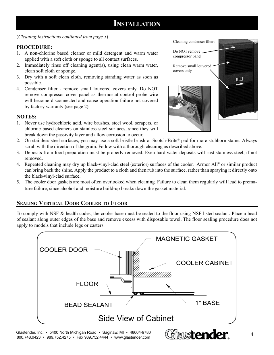Side view of cabinet, Nstallation | Glastender LP108 User Manual | Page 5 / 13