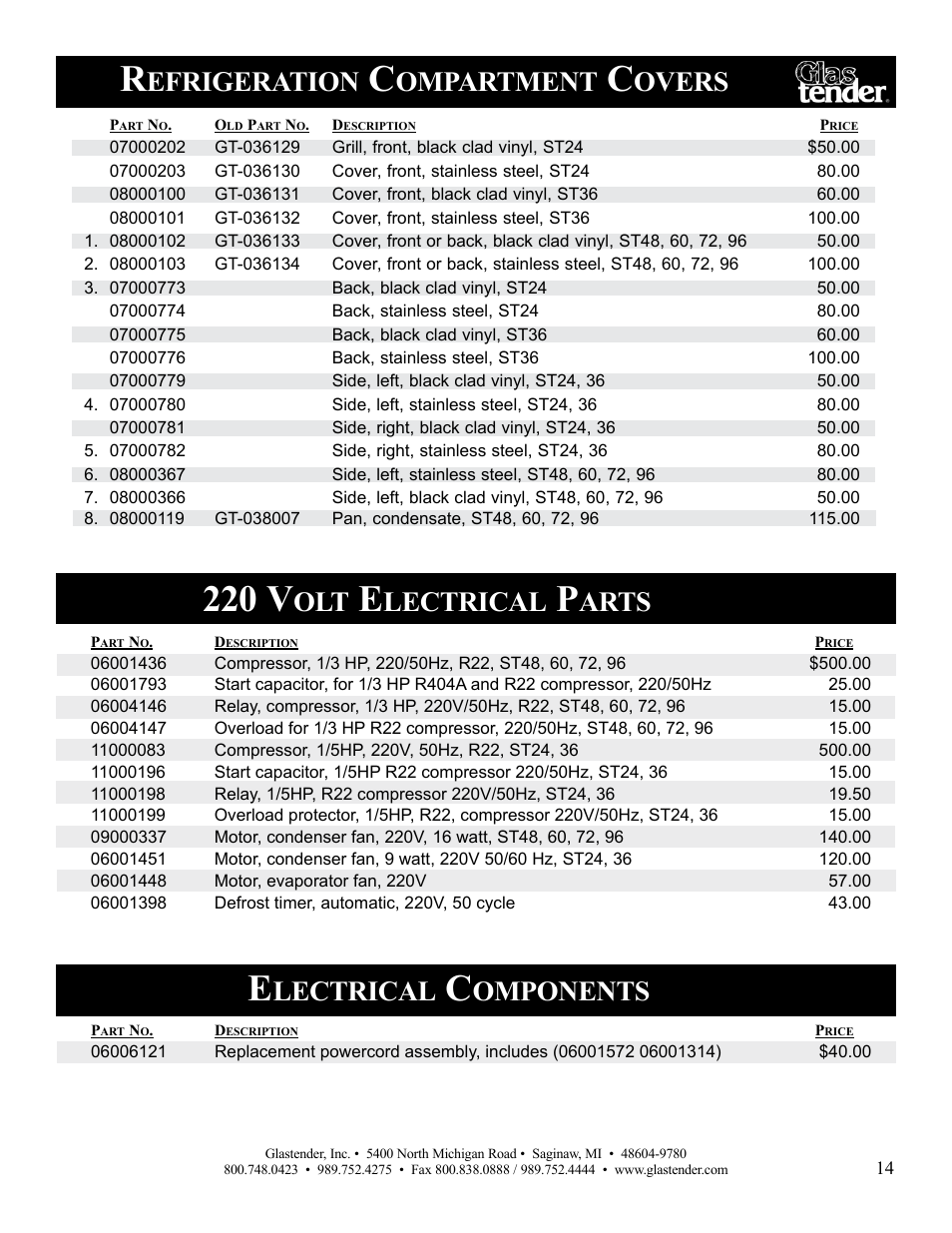 220 v, Efrigeration, Ompartment | Overs, Lectrical, Arts, Omponents | Glastender ST96 User Manual | Page 15 / 16