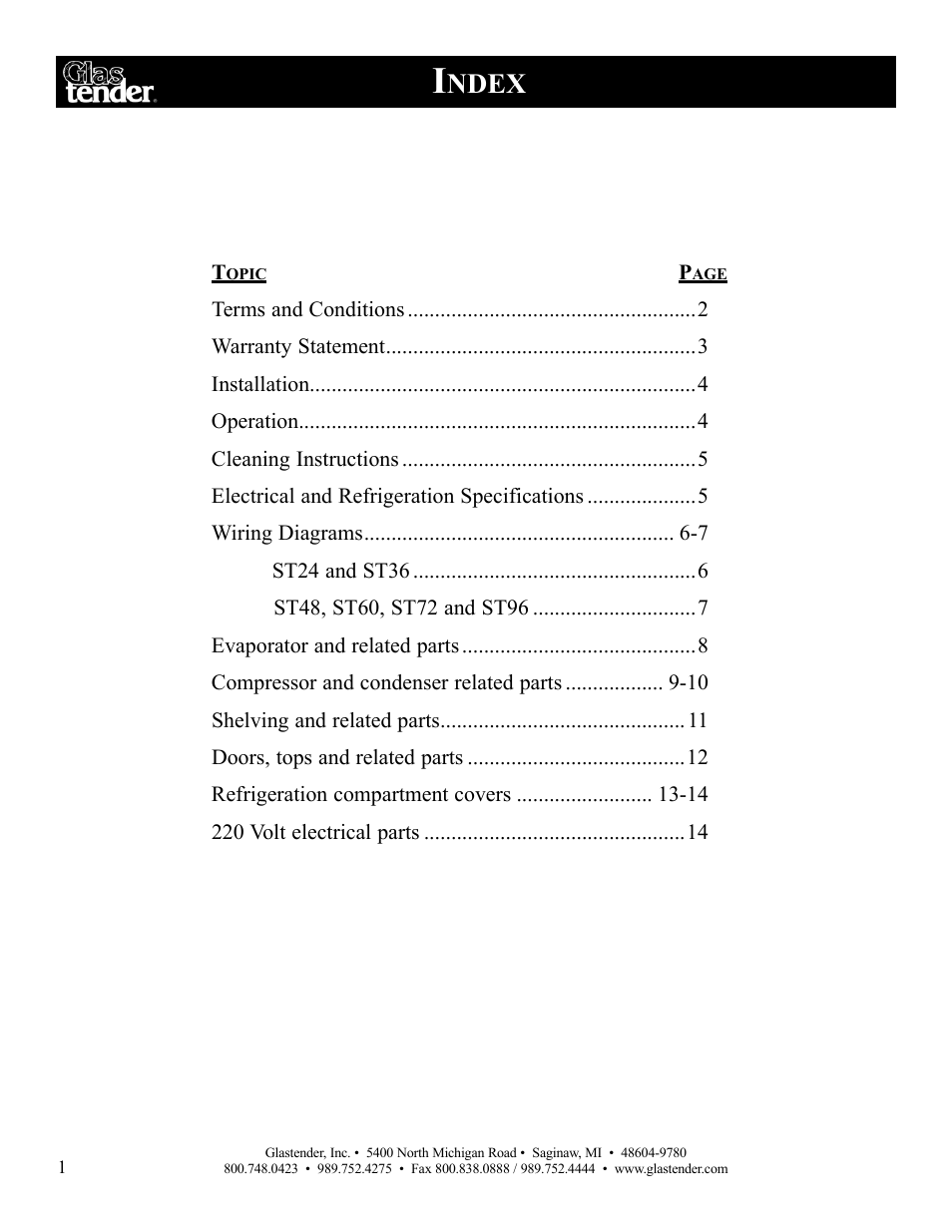 Ndex | Glastender ST96 User Manual | Page 2 / 16