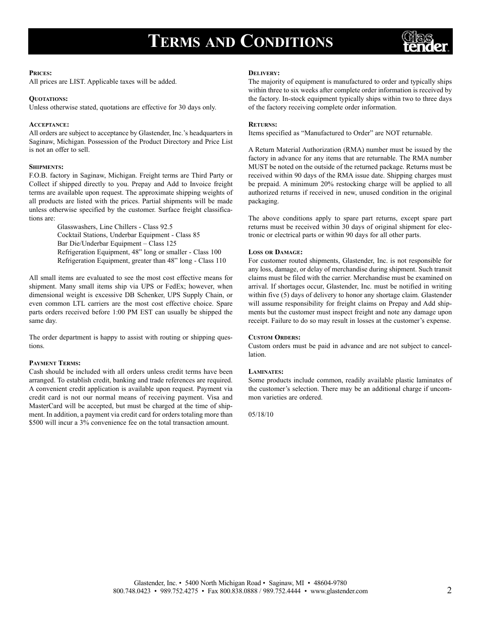 Erms, Onditions | Glastender ST96 User Manual | Page 3 / 16