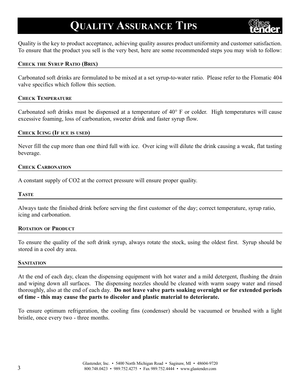 Uality, Ssurance | Glastender Juice Pro Dispensers User Manual | Page 6 / 12
