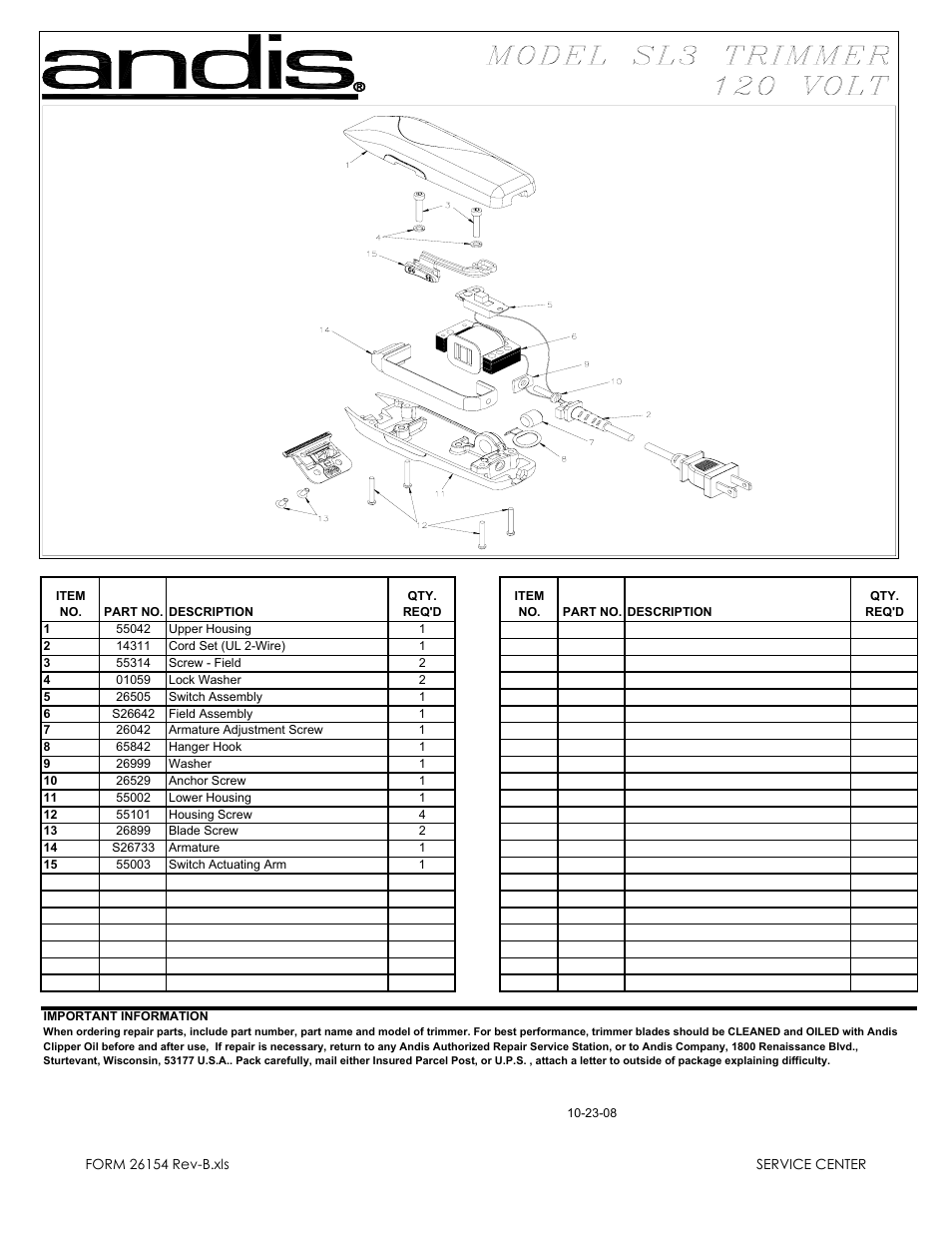 Andis Company SL3 User Manual | 1 page