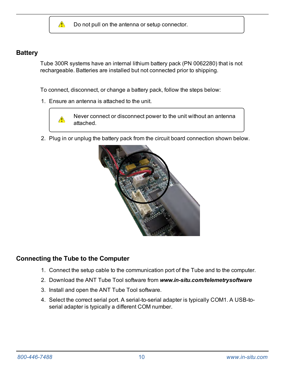 Battery, Connecting the tube to the computer | In-Situ Tube 300R Telemetry System User Manual | Page 10 / 44