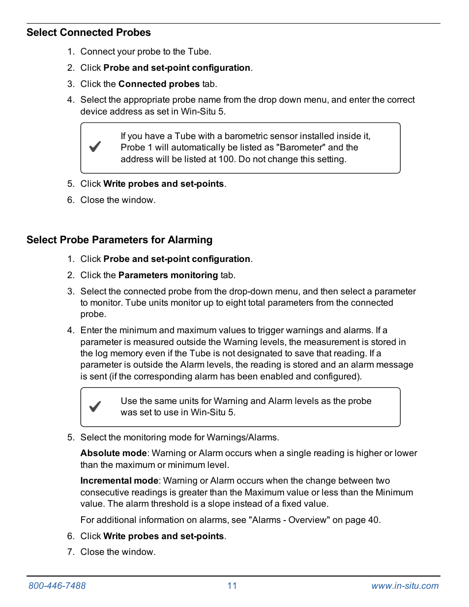 Select connected probes, Select probe parameters for alarming | In-Situ Tube 300R Telemetry System User Manual | Page 11 / 44