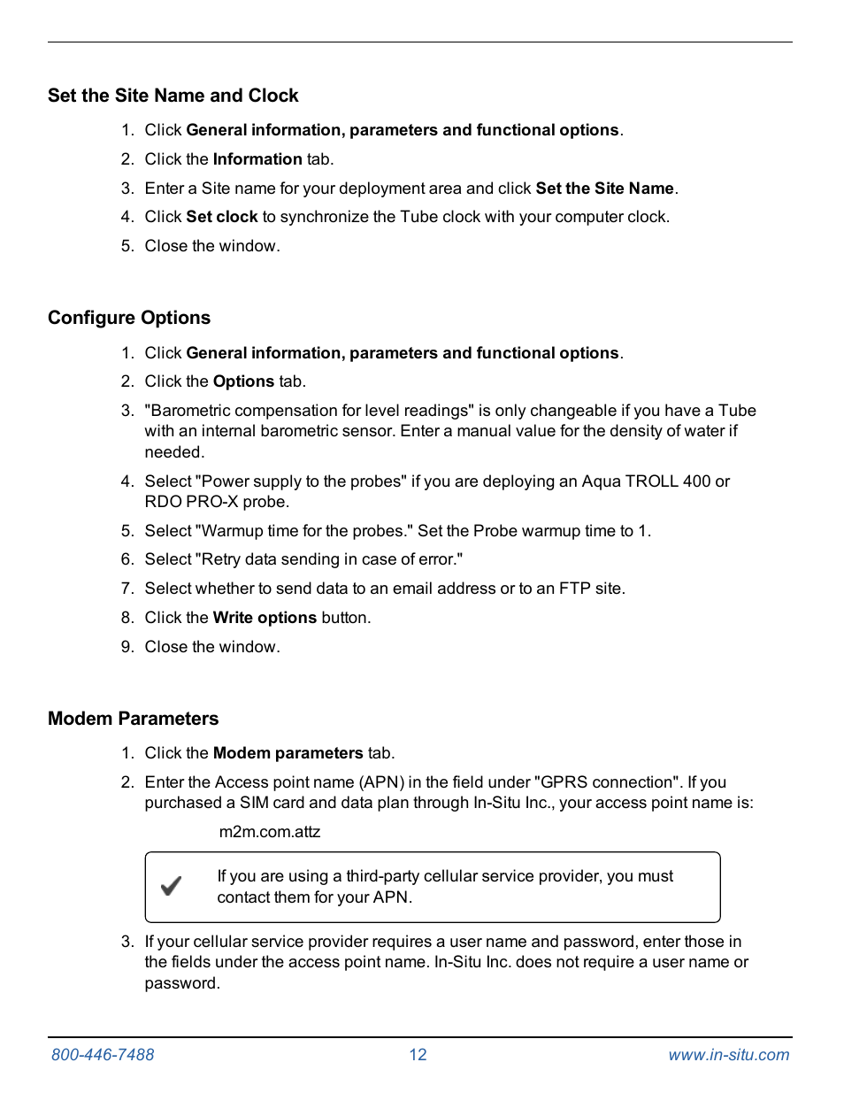 Set the site name and clock, Configure options, Modem parameters | In-Situ Tube 300R Telemetry System User Manual | Page 12 / 44