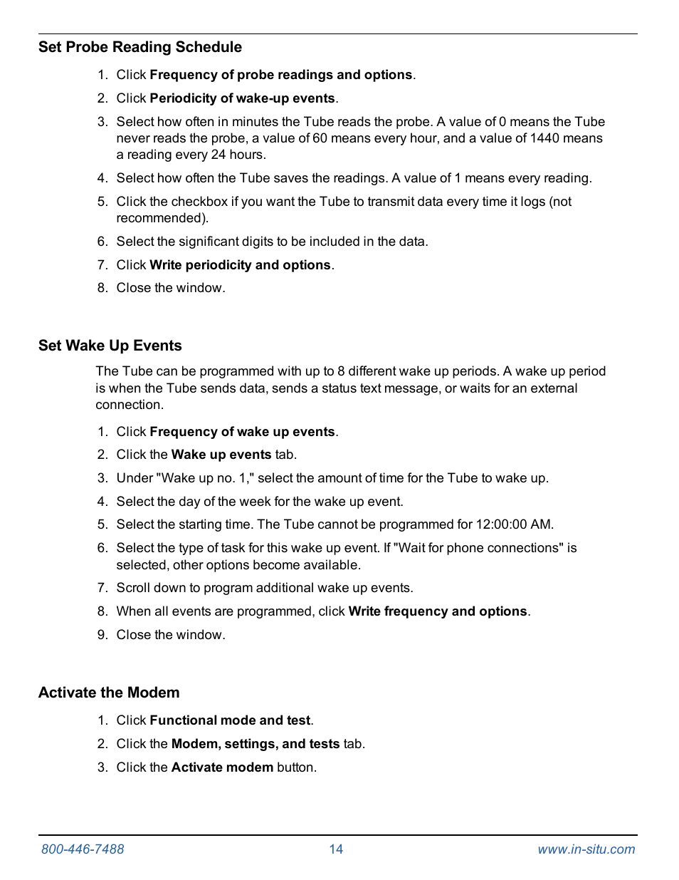 Set probe reading schedule, Set wake up events, Activate the modem | In-Situ Tube 300R Telemetry System User Manual | Page 14 / 44