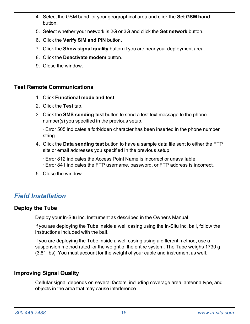 Test remote communications, 4 field installation, Deploy the tube | Improving signal quality, Field installation | In-Situ Tube 300R Telemetry System User Manual | Page 15 / 44