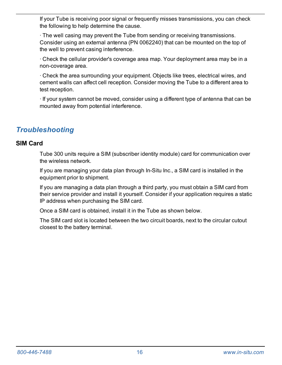 5 troubleshooting, Sim card, Troubleshooting | In-Situ Tube 300R Telemetry System User Manual | Page 16 / 44