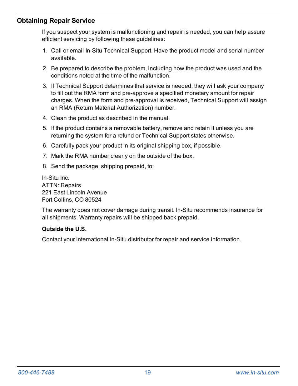 Obtaining repair service | In-Situ Tube 300R Telemetry System User Manual | Page 19 / 44