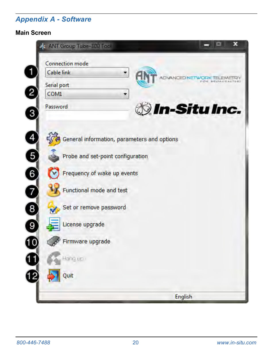 6 appendix a - software, Main screen, Appendix a - software | In-Situ Tube 300R Telemetry System User Manual | Page 20 / 44