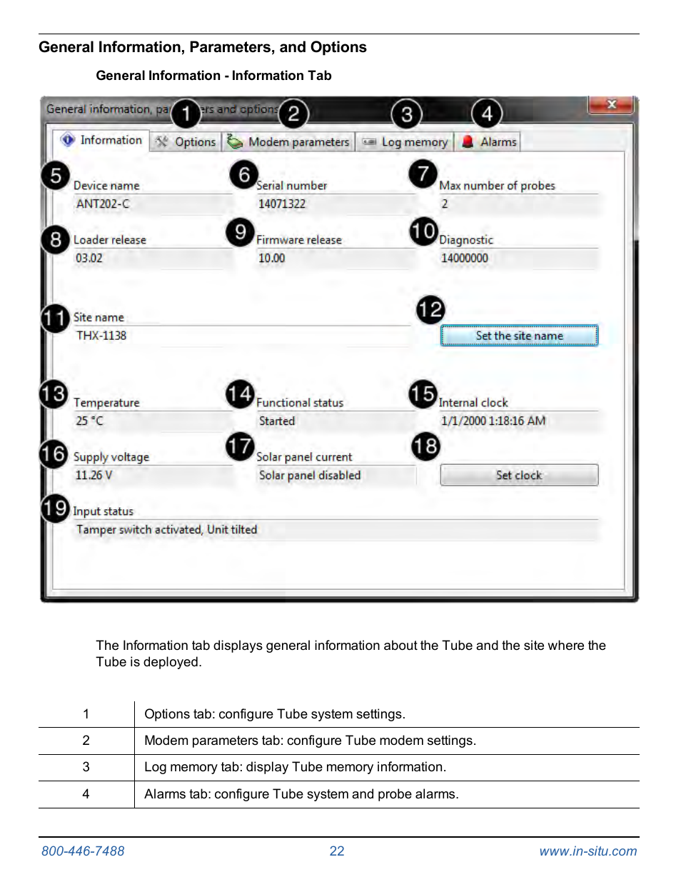 General information, parameters, and options, General information - information tab | In-Situ Tube 300R Telemetry System User Manual | Page 22 / 44