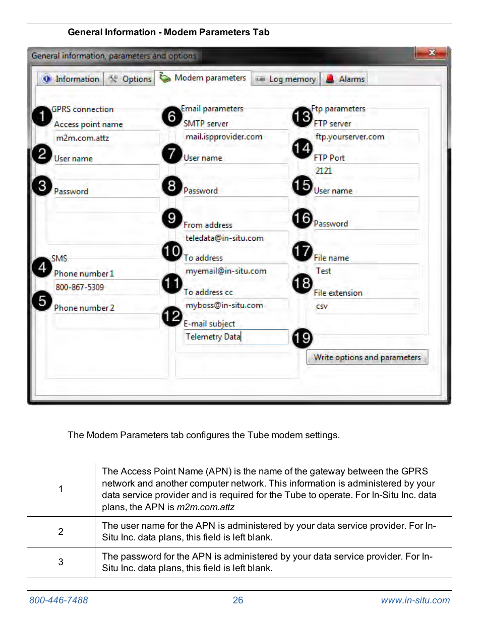 General information - modem parameters tab | In-Situ Tube 300R Telemetry System User Manual | Page 26 / 44