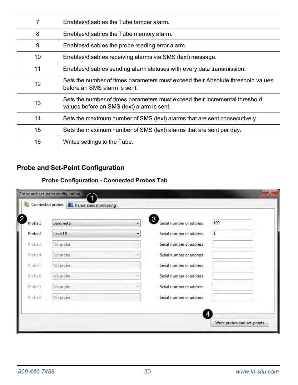 Probe and set-point configuration, Probe configuration - connected probes tab | In-Situ Tube 300R Telemetry System User Manual | Page 30 / 44