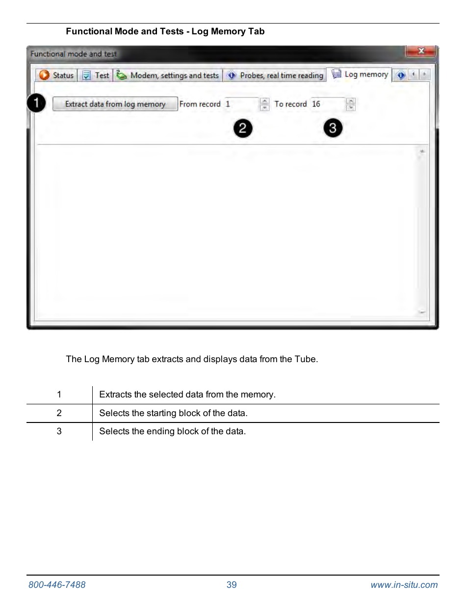 Functional mode and tests - log memory tab | In-Situ Tube 300R Telemetry System User Manual | Page 39 / 44